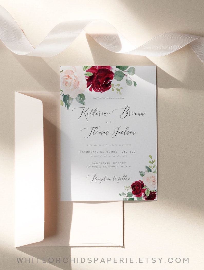 Floral Wedding Invitation Set, Burgundy Wedding Invitation, Wedding Invitation Suite, Wedding Invitation Template Download, Chloe image 3