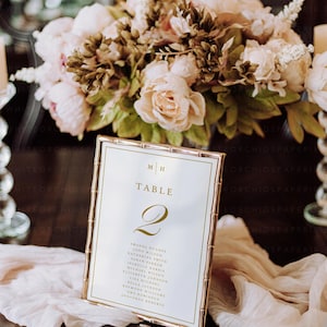 May include: A gold-framed table number card with the number 2, featuring a list of names. The card is set on a dark wooden table, with a soft, draped fabric and a floral arrangement in the background. The flowers are in shades of pink and cream.