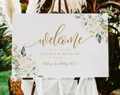 White Floral Welcome Sign, Wedding Welcome Sign, Welcome Sign, Welcome Sign Wedding, Welcome Sign Template, Wedding Sign, Corjl, Emily