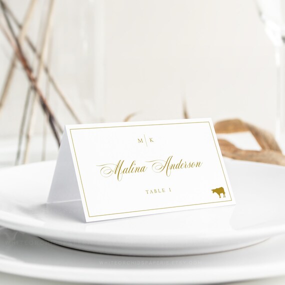 Classic Place Card, Place card template, Gold Place card, Printable Place Card, Name Card, Place Card Wedding With Meal Icons, DIY, Grace