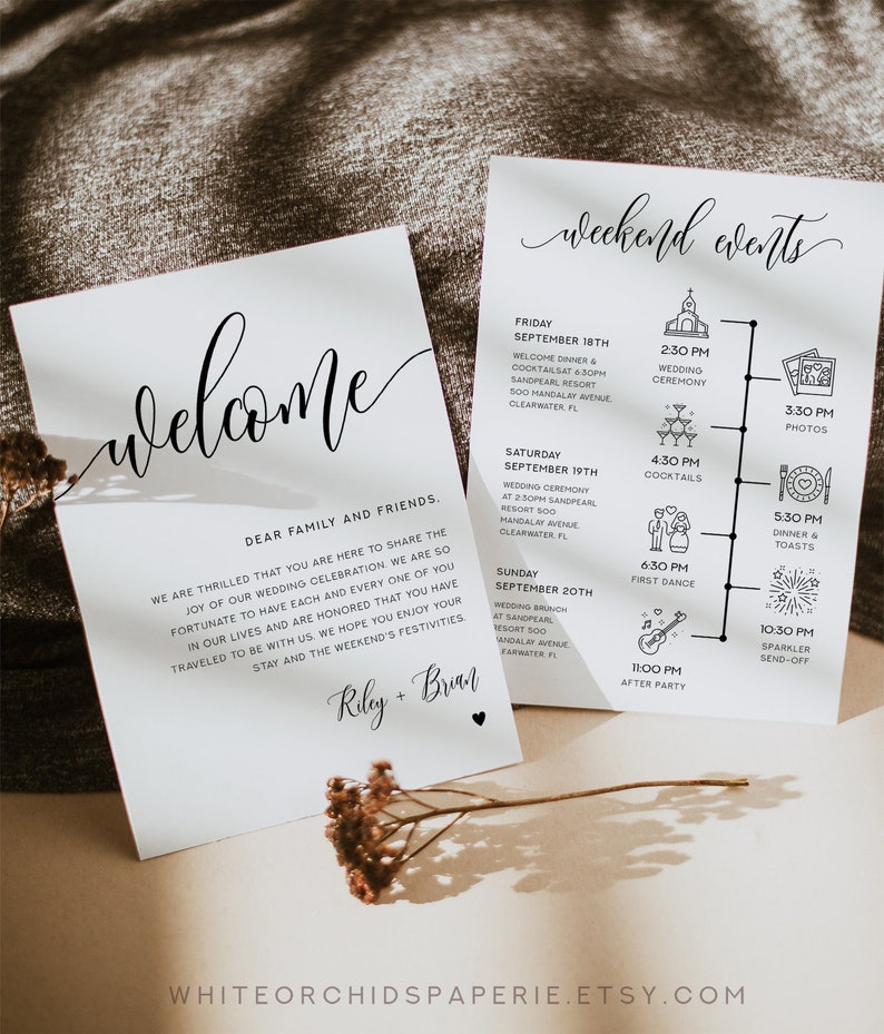 May include: A wedding invitation with a white background and black text. The invitation includes a welcome message, a list of weekend events, and the couple's names, Riley and Brian. The events include a wedding ceremony, dinner, cocktails, a first dance, and a sparkler send-off.