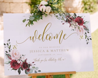 Floral Welcome Sign, Burgundy Welcome Sign, Welcome Wedding Sign, Welcome Sign Printable, Welcome Sign Template, Wedding Welcome Sign, Erica