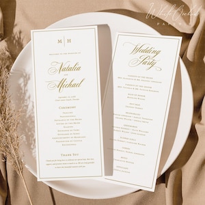 May include: Two vertical white wedding program cards with gold foil lettering and borders. The left card features the names Natalia and Michael, ceremony details, and a thank you note. The right card lists the wedding party members and roles.