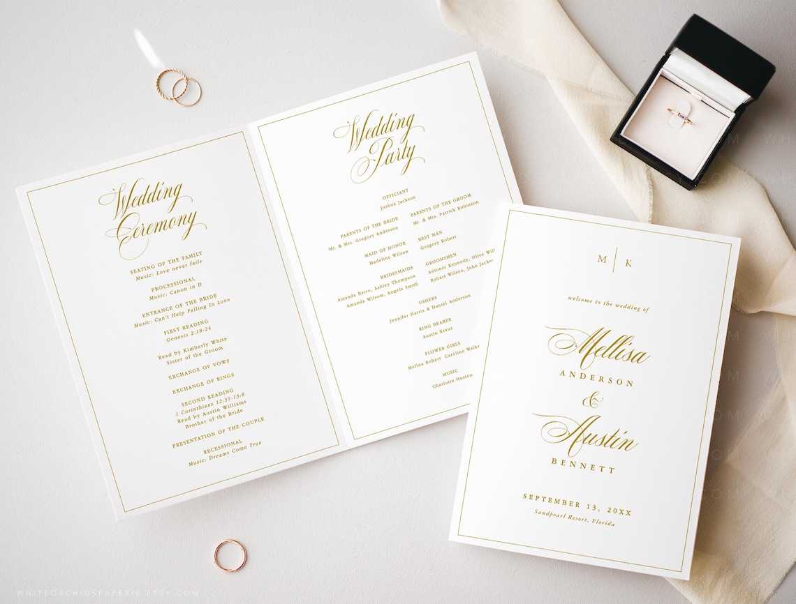 Classic Wedding Program Folded, Wedding Program Template, Editable ...