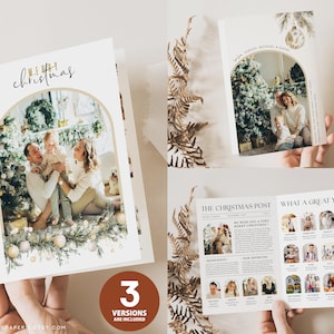 May include: Christmas card with a family photo inside an arched frame. The card has the text "Merry Christmas" in gold script. The card is held in a person's hand. The card also has the text "3 versions are included".