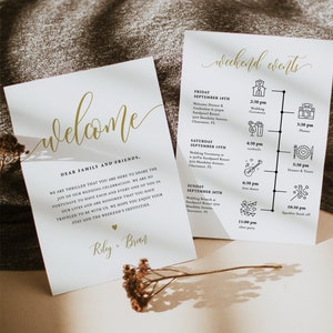 May include: A wedding invitation suite featuring a gold script font that reads "Welcome" and "Riley + Brian". The invitation includes a timeline of weekend events with icons for each event. The events include a welcome dinner, wedding ceremony, cocktail hour, dinner and toasts, first dance, sparkler send-off, and an after party.