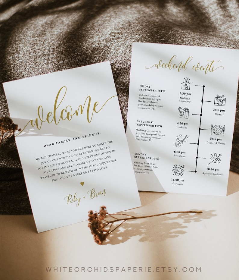 May include: A wedding invitation suite featuring a gold script font that reads "Welcome" and "Riley + Brian". The invitation includes a timeline of weekend events with icons for each event. The events include a welcome dinner, wedding ceremony, cocktail hour, dinner and toasts, first dance, sparkler send-off, and an after party.
