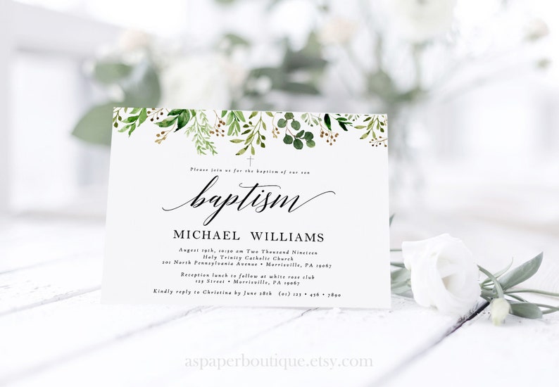 Greenery Baptism Invitation Baptism Invitation Boy Baptism Etsy