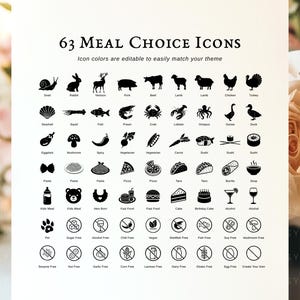 Op de afbeelding: Een wit informatieblad getiteld 63 Meal Choice Icons met zwarte grafische symbolen voor diverse voedingsmiddelen, dieetwensen en maaltijdsoorten, gerangschikt in een raster met bijbehorende tekstlabels onder elk icoon.