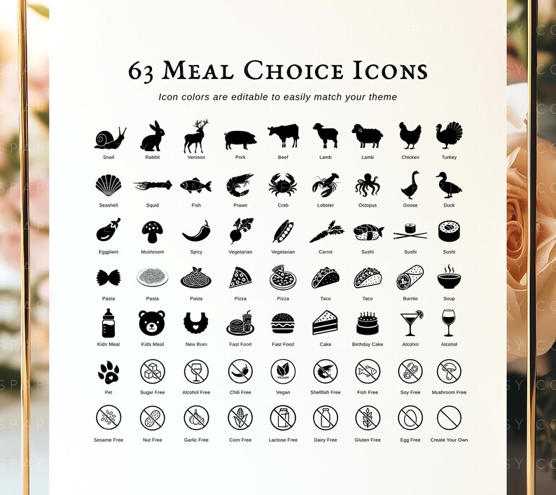 Op de afbeelding: Een wit informatieblad getiteld 63 Meal Choice Icons met zwarte grafische symbolen voor diverse voedingsmiddelen, dieetwensen en maaltijdsoorten, gerangschikt in een raster met bijbehorende tekstlabels onder elk icoon.