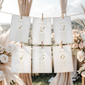 May include: Six white table cards with gold lettering and numbers 1-6 are clipped to a string with wooden clothespins. Each card lists names below the table number. The background includes floral arrangements and a blurred outdoor setting.