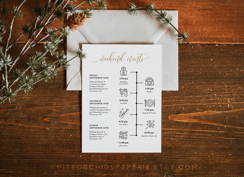 May include: A white card with black text and icons outlining a wedding weekend schedule. The card lists events for Friday, Saturday, and Sunday, including a welcome dinner, wedding ceremony, cocktails, dinner and dancing, and a brunch. The text includes the dates, times, and locations of each event.
