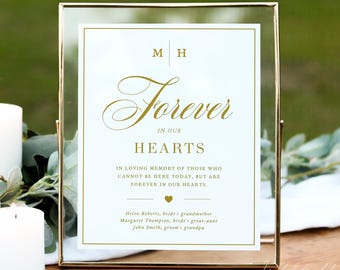Op de afbeelding: Een goudkleurig glazen bord met wit karton en gouden tekst: M H, Forever in our hearts, In loving memory of those who cannot be here today, but are forever in our hearts, Helen Roberts, Margaret Thompson, John Smith.