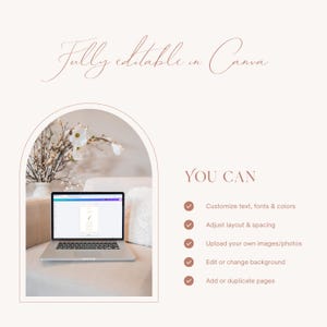 May include: A laptop showing a design template, with the text "Fully editable in Canva." The image also includes a list of features: customise text, fonts & colours; adjust layout & spacing; upload images; edit background; and add pages.