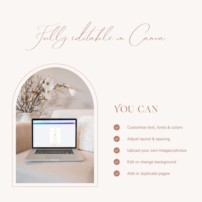 May include: A laptop showing a design template, with the text "Fully editable in Canva." The image also includes a list of features: customise text, fonts & colours; adjust layout & spacing; upload images; edit background; and add pages.
