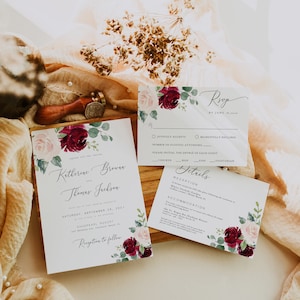 Floral Wedding Invitation Set, Burgundy Wedding Invitation, Wedding Invitation Suite, Wedding Invitation Template Download, Chloe image 7