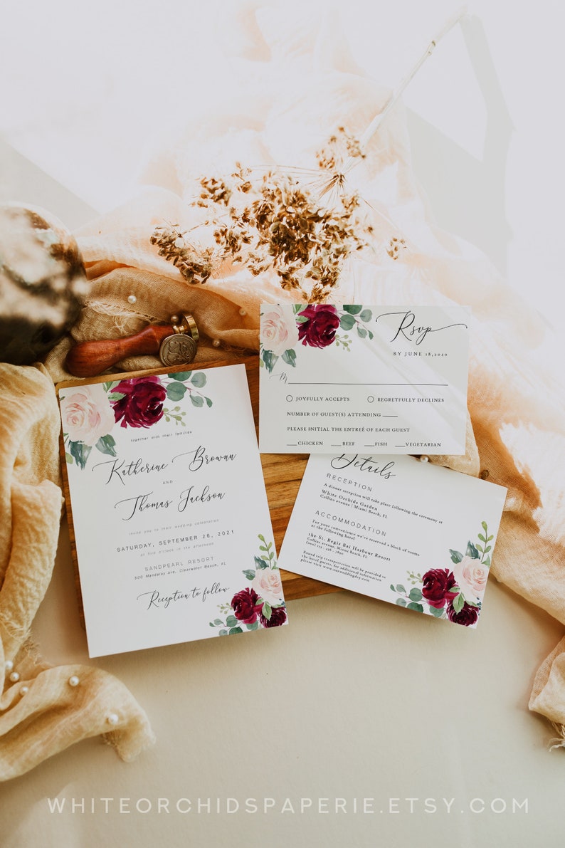 Floral Wedding Invitation Set, Burgundy Wedding Invitation, Wedding Invitation Suite, Wedding Invitation Template Download, Chloe image 7