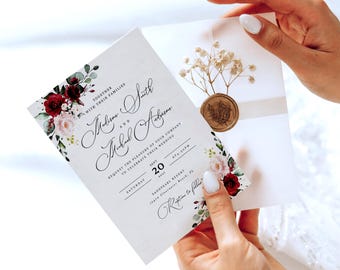 Burgundy Wedding Invitation Set, Floral Wedding Invitation, Rustic Wedding Invitation Set, Wedding Invitation Template, DIY, Erica