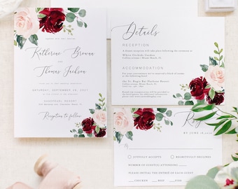 Floral Wedding Invitation Set, Burgundy Wedding Invitation, Wedding Invitation Suite, Wedding Invitation Template Download, Chloe