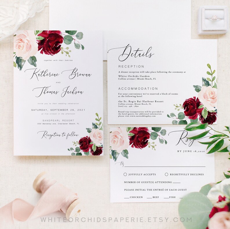Floral Wedding Invitation Set, Burgundy Wedding Invitation, Wedding Invitation Suite, Wedding Invitation Template Download, Chloe image 1