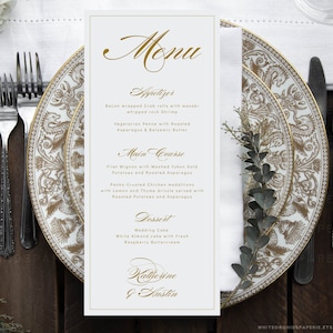 Gold Menu Template, Wedding Menu Template, Menu Template, Gold Wedding Menu, Traditional Wedding Menu, Classic Menu, Corjl, Victoria