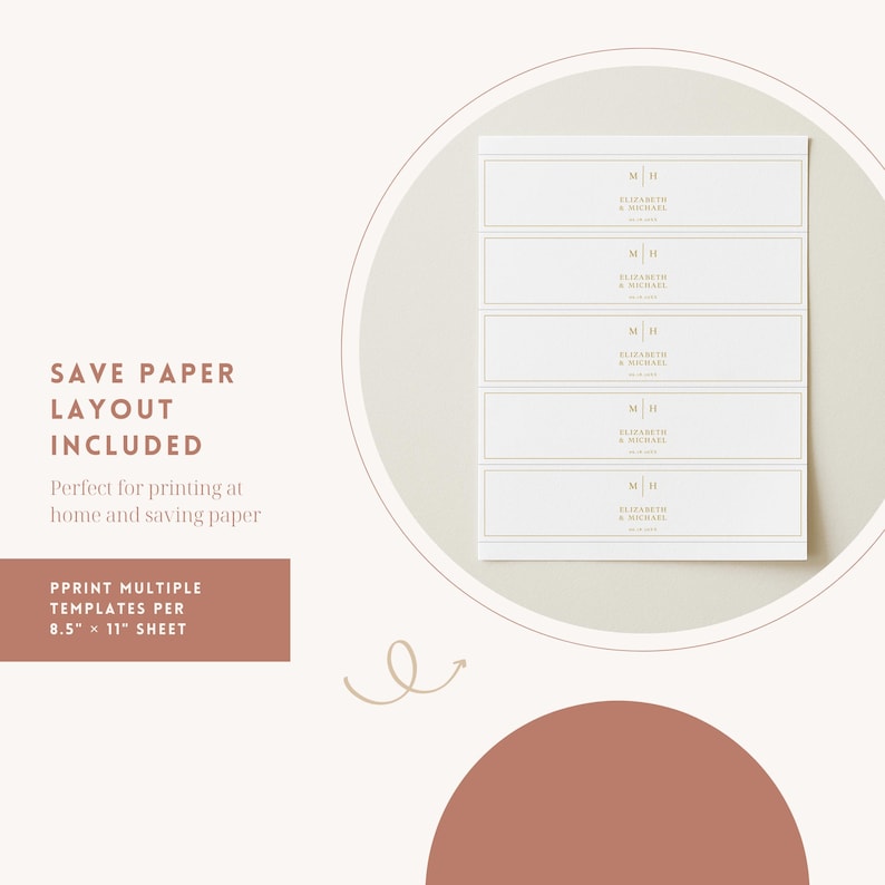 May include: A white paper template with a gold border and text. The template includes the initials "M H" and the names "Elizabeth & Michael". The text "SAVE PAPER LAYOUT INCLUDED" is also visible. The paper size is 21.59 cm x 27.94 cm.