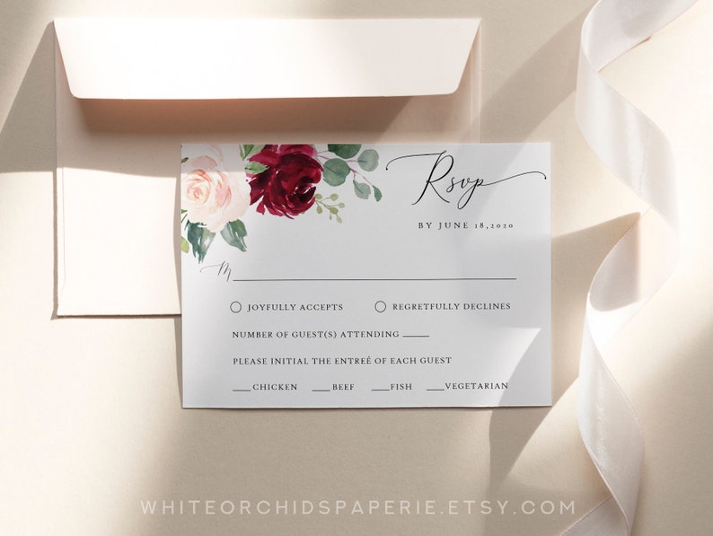 Floral Wedding Invitation Set, Burgundy Wedding Invitation, Wedding Invitation Suite, Wedding Invitation Template Download, Chloe image 4