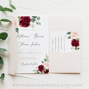 Floral Wedding Invitation Set, Burgundy Wedding Invitation, Wedding Invitation Suite, Wedding Invitation Template Download, Chloe image 6