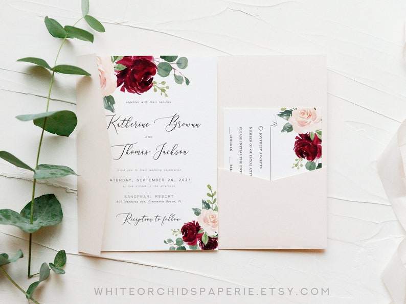 Floral Wedding Invitation Set, Burgundy Wedding Invitation, Wedding Invitation Suite, Wedding Invitation Template Download, Chloe image 6