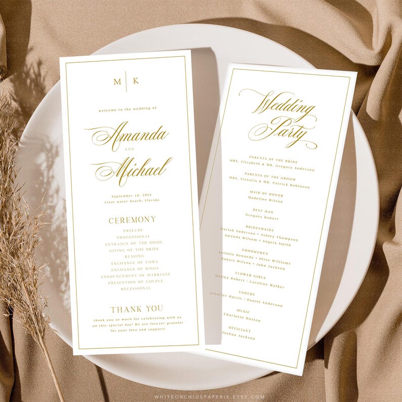 Programma di matrimonio classico, modello di programma di matrimonio, programma di matrimonio, programma stampabile, programma dorato, programma fai da te, programma della cerimonia, Grace immagine 1