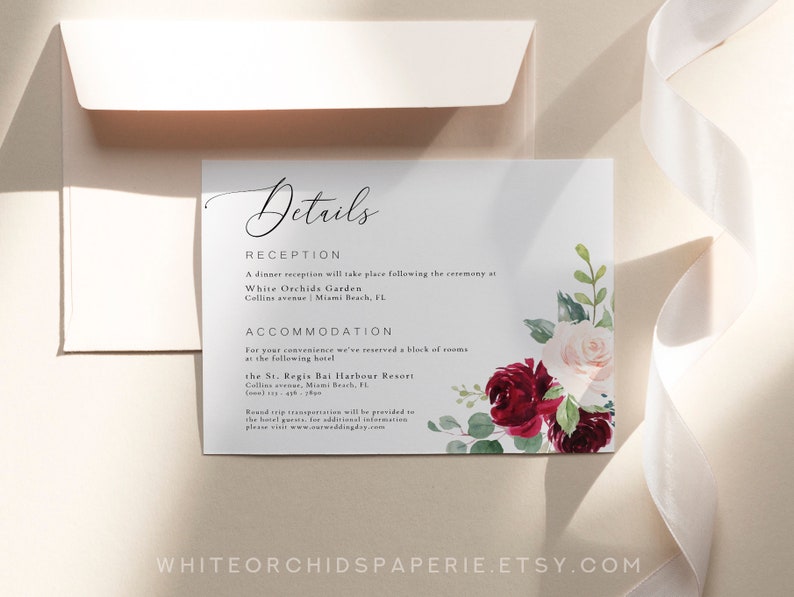Floral Wedding Invitation Set, Burgundy Wedding Invitation, Wedding Invitation Suite, Wedding Invitation Template Download, Chloe image 5