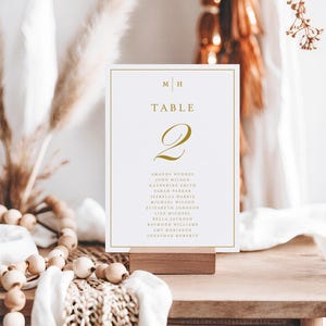 May include: A table number card with gold lettering and a gold border. The card displays the number "2" and the word "TABLE". The names of guests are listed below the number. The card is displayed on a wooden block.