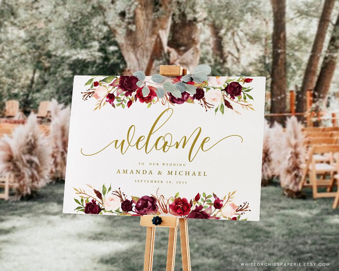 Burgundy Welcome Sign Floral Welcome Sign Welcome Wedding image 1