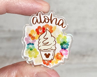 Acrylic Pin Dole Whip Aloha Hawaiian Flowers Hand Lettering Steel Butterfly Clutch