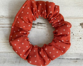 Scrunchie Burnt Orange Copper X Pattern Cross Pattern Fall Autumn Hair Accessories Handmade Cotton Scrunchie Soft Hair Ties Gift for Her