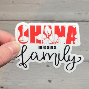 STICKER Ohana Means Family Lilo and Stitch Disney Hawaiian Flower Vinyl Sticker Blue Alien Polynesian Park Sticker Hawaiian Print image 1