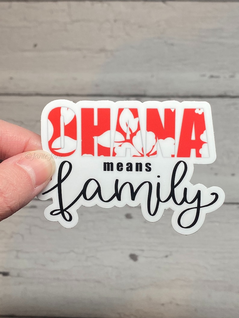 STICKER Ohana Means Family Lilo and Stitch Disney Hawaiian Flower Vinyl Sticker Blue Alien Polynesian Park Sticker Hawaiian Print image 1