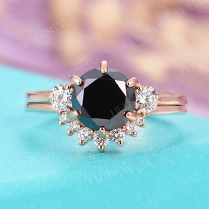 Vintage black sapphire engagement ring set Art deco Moissanite curved wedding band Rose Gold Unique Bridal Promise Anniversary ring