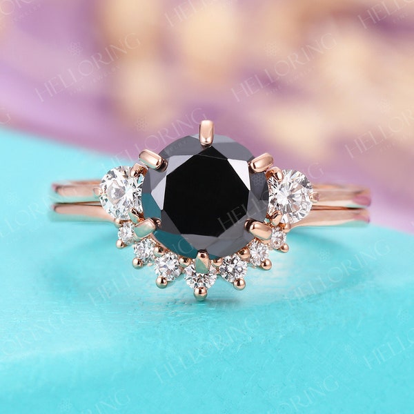 Anillo de compromiso de zafiro negro vintage Art deco Moissanite banda de bodas curva rose gold Unique Bridal Promise Anniversary ring