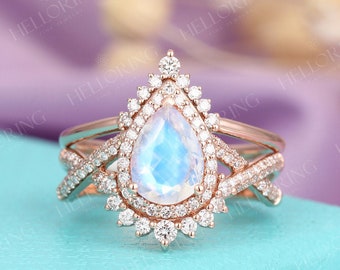 Vintage twiste moonstone engagement ring set art deco wedding rose gold Pear shaped halo Diamond Moissanite curved band stacking band