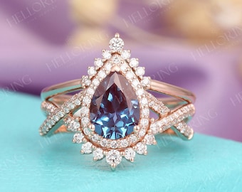 Pear shaped Alexandrite engagement ring set Rose gold halo diamond moissanite band ring Chevron ring twisted band Vintage ring