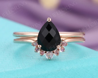 Unique Pear cut black Onyx engagement  moonstone Rose Gold wedding ring Vintage Promise  prong set Art deco ring Anniversary ring