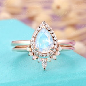 Vintage Pear Moonstone engagement ring Rose gold halo diamond moissanite ring opal wedding band women Stacking matching bridal promise ring