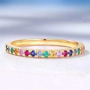 Rainbow Sapphire Wedding Band, 14K Yellow Gold Half Eternity Band, Delicate Anniversary Stack Ring for Women, Unique Bridal Ring - HelloRing