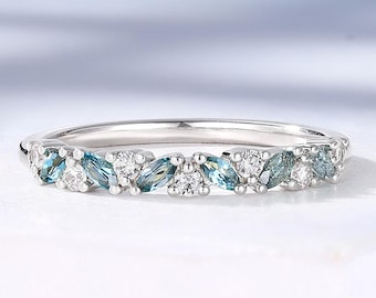 Vintage London Blue Topaz & Moissanite Wedding Band, Marquise Cut Gem Wedding Band, Matching Stacking Cluster Band, Women's Anniversary Band