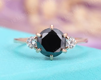 Vintage black sapphire engagement ring Art deco Moissanite diamond wedding ring Rose Gold simple ring Three stone bridal anniversary ring