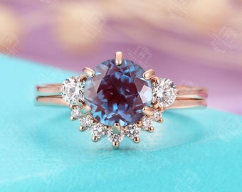 Vintage alexandrite engagement ring set simple Moissanite curved wedding band Rose Gold Unique Bridal Art deco Promise Anniversary ring