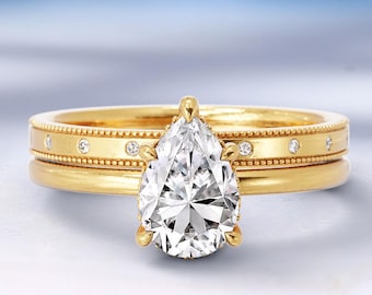 Lab Grown Diamond Engagement Ring Set Cluster Hidden Halo Diamond, Diamond Eternity Wedding Band, Solid Gold Bridal Ring Set