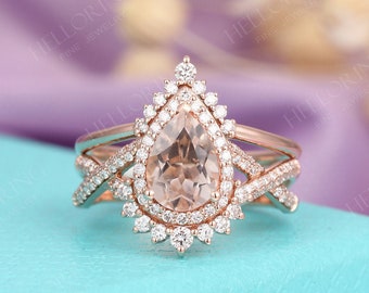 Morganite Engagement Ring set Pear shaped Vintage Rose Gold ring Halo moissanite diamond wedding band Women Art deco Twisted Bridal ring