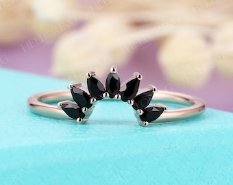 Pear shaped Black onyx wedding band rose gold Women curved Matching Stacking Art deco ring Unique Bridal Promise Anniversary ring